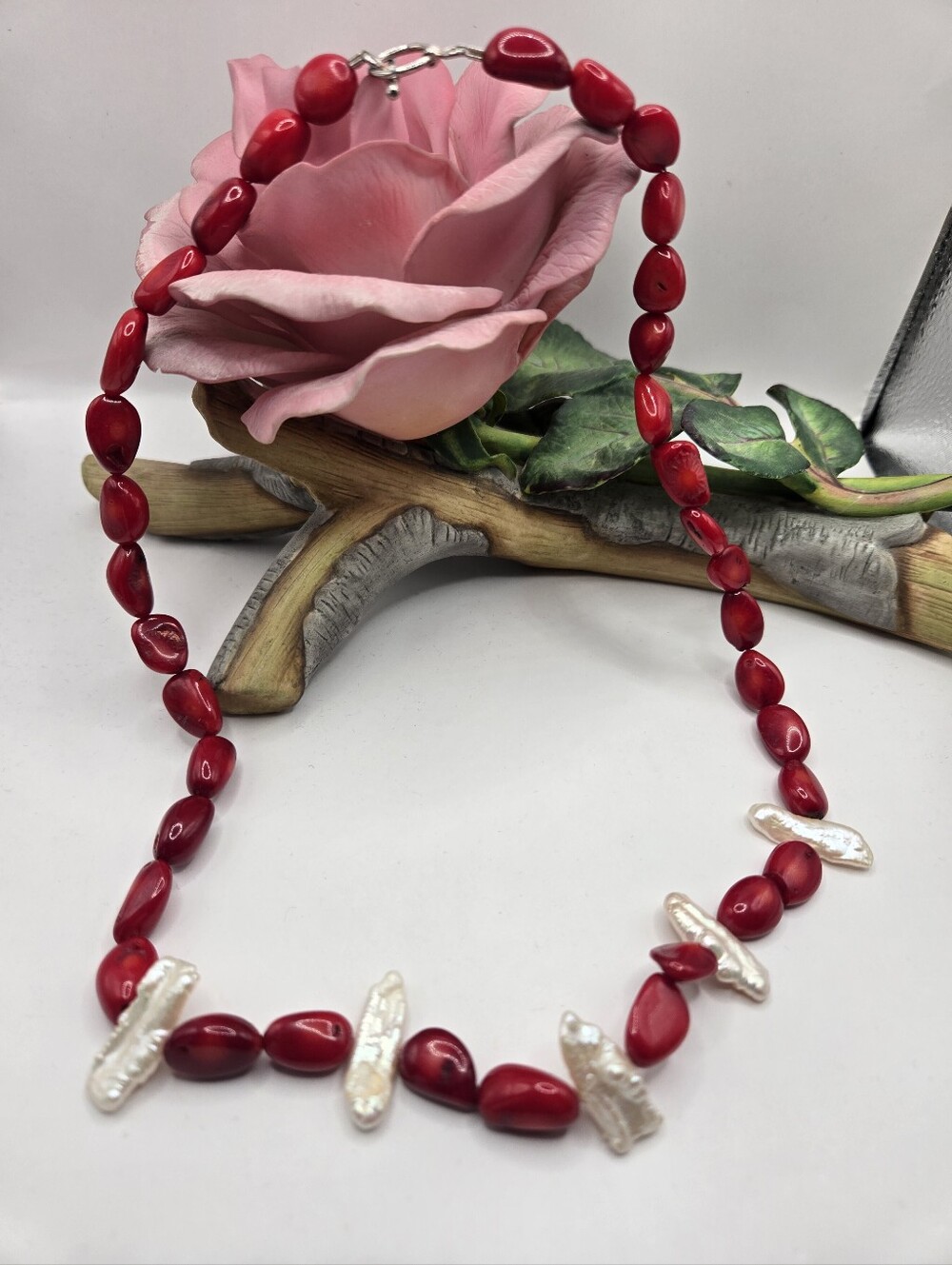 Handcrafted Red Coral & White Pearl Necklace In Sterling Silver- Women Jewelry